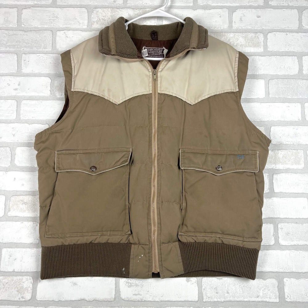 Ski Daddle Mens Down Vest Brown Beige Western‎ Style Puffer Zip Up  Medium/Large